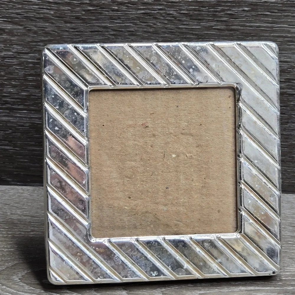 Vintage Silver Tone Metal Square Picture Frame 3x3 Tabletop Stand Art Deco Korea